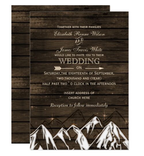 Barn Wood mountain scene wedding invitations Set