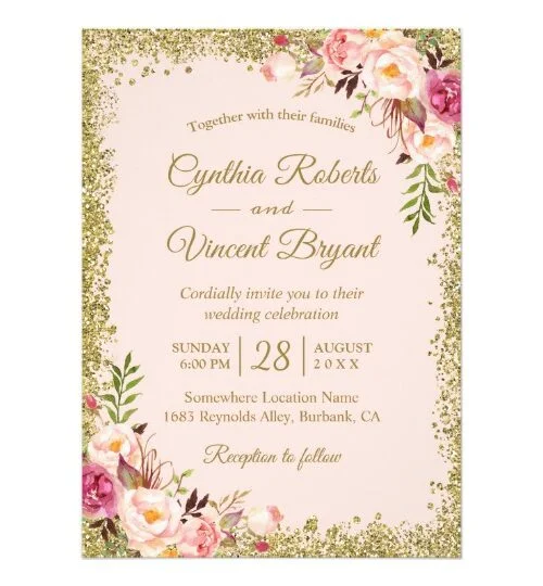 Blush Pink Gold Glitters Floral Invitation Suite