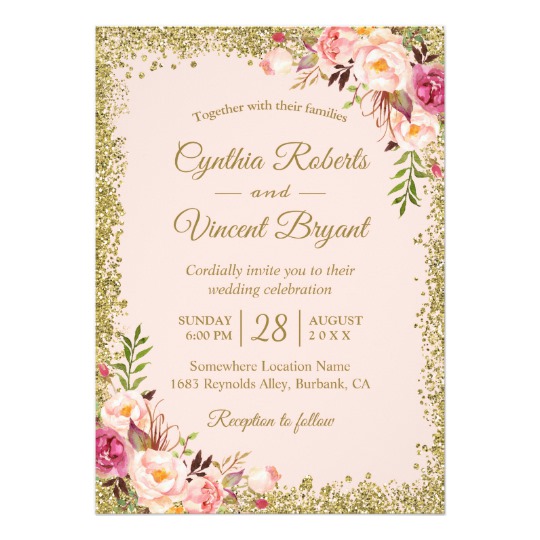 Blush Pink Gold Glitters Floral Invitation Suite
