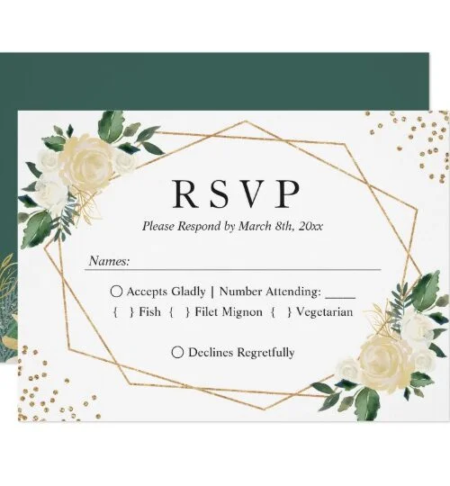 Modern Gold Frame Ivory Green Floral Invite Suite