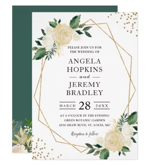 Modern Gold Frame Ivory Green Floral Invite Suite