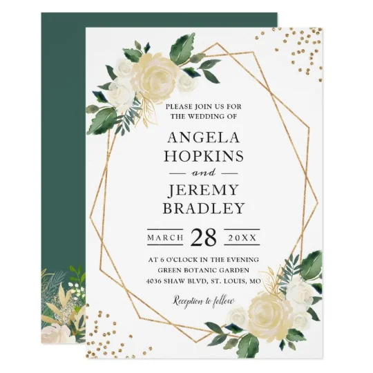 Modern Gold Frame Ivory Green Floral Invite Suite