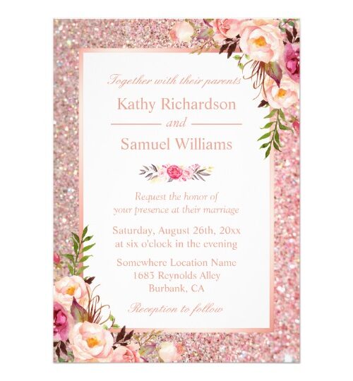 Rose Gold Glitters Pink Floral Invitation Suite