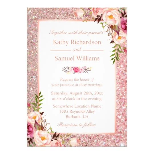 Rose Gold Glitters Pink Floral Invitation Suite