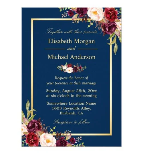 Invitation Suite: Burgundy Red Floral Navy Blue