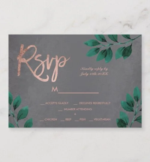 Rose gold script green leaf cement wedding