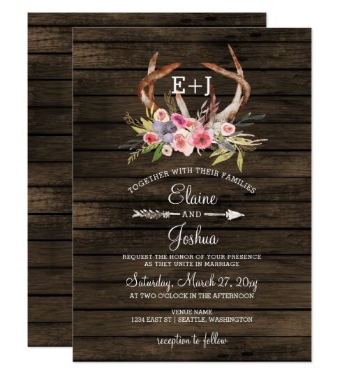 Blooming Antlers  Rustic Chic Wedding Invitations
