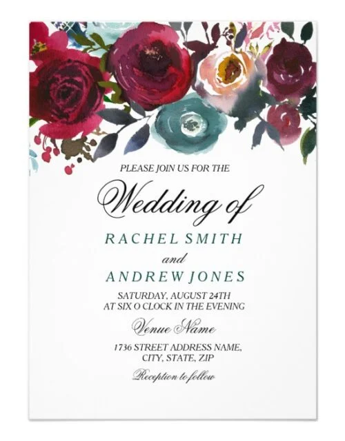 Boho Bordo Burgundy Red Flowers Wedding Invitation
