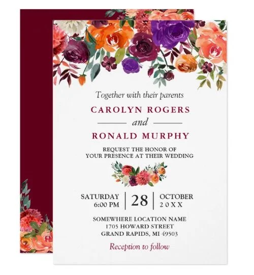 Burgundy Purple Orange Floral Invitation Suite