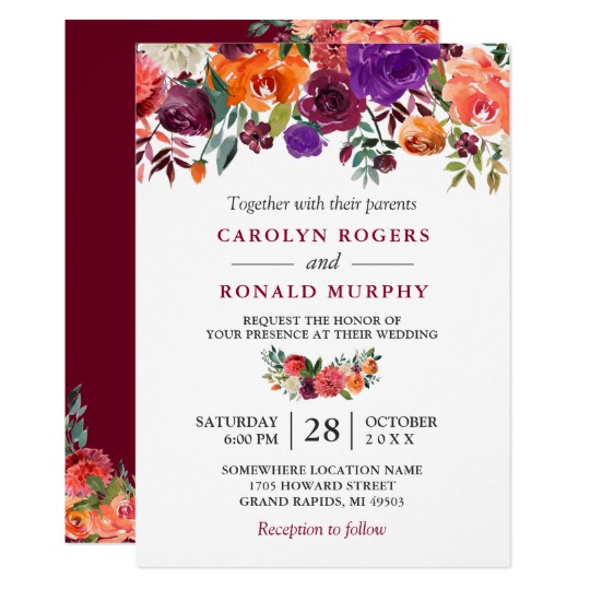 Burgundy Purple Orange Floral Invitation Suite
