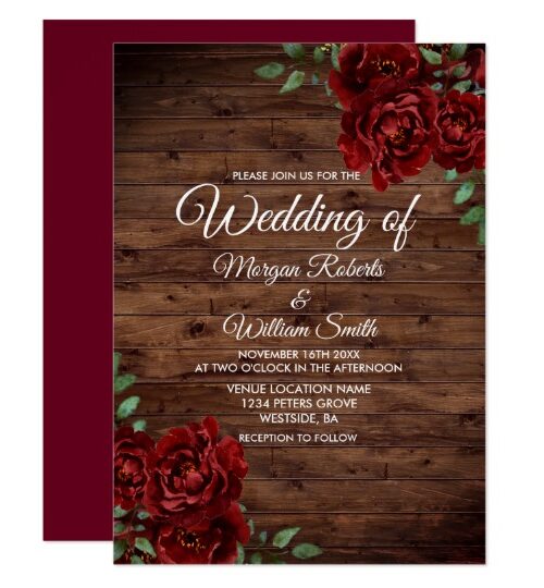 Burgundy Red Rose Rustic Wood Wedding Collection
