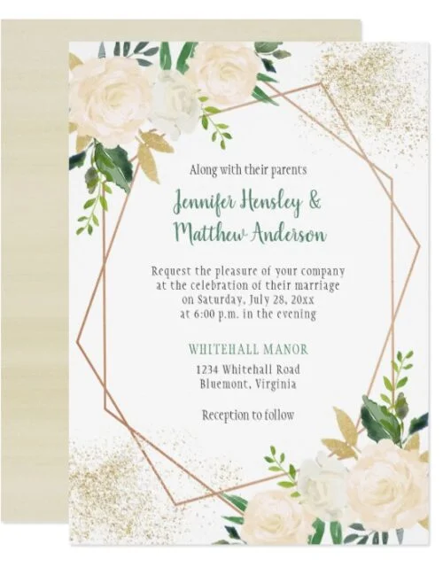Cream and White Roses, Gold Glitter, Greenery
