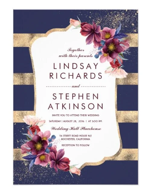 Navy and Burgundy Chic Flowers Stripes