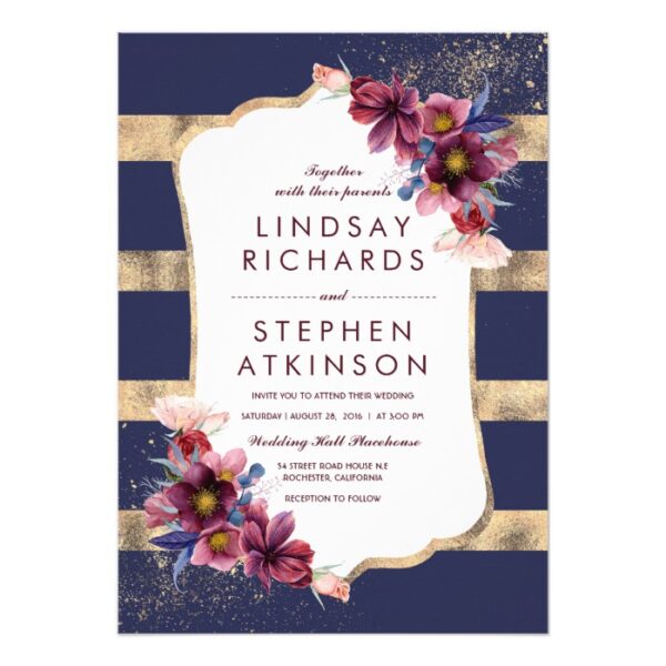 Navy and Burgundy Chic Flowers Stripes
