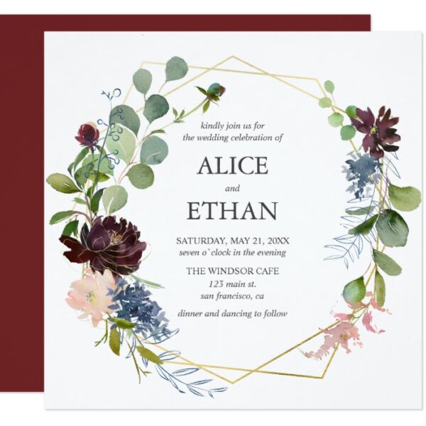 Navy Blue And Burgundy Floral Invitations