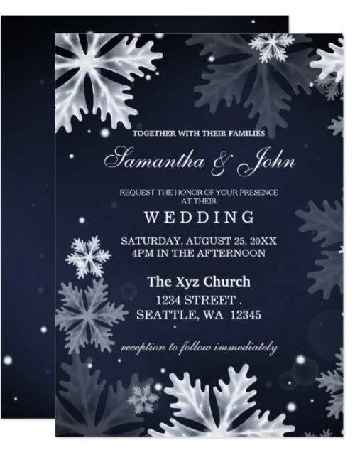 Navy Blue Snowflakes Winter Wedding Invitation
