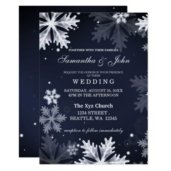 Navy Blue Snowflakes Winter Wedding Invitation