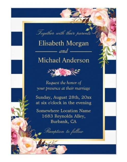 Invitation Suite: Floral Decor Navy Blue Stripes