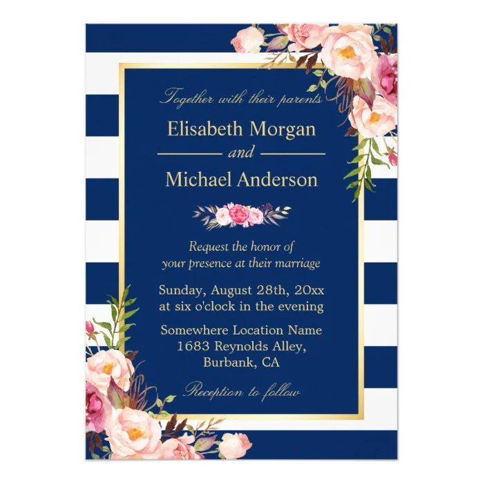 Invitation Suite: Floral Decor Navy Blue Stripes