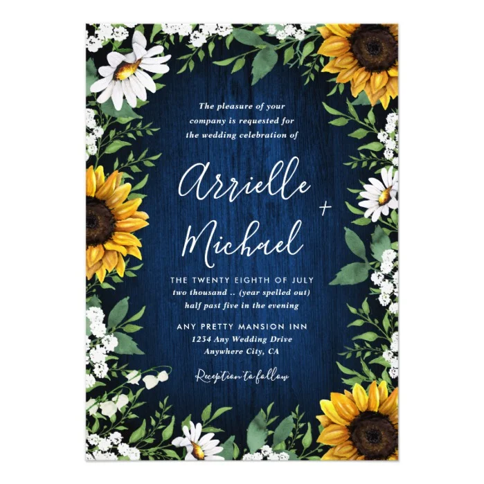 Navy Blue Sunflower Rustic Wedding Invitations Set