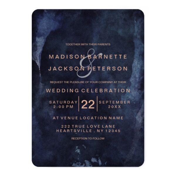 Navy Blue Watercolor with Rose Gold - Wedding