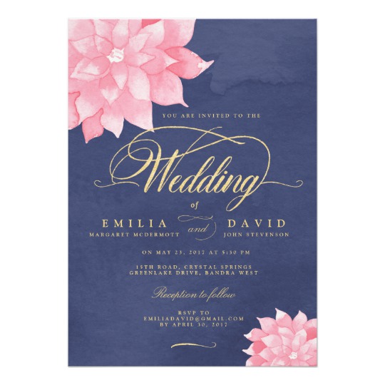 Navy Blue Blush Pink Gold Floral Dahlia Wedding
