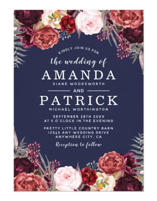 Navy Marsala Peony Wedding Invitations Collection
