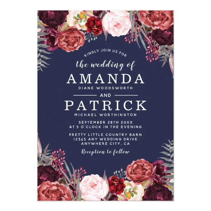 Navy Marsala Peony Wedding Invitations Collection