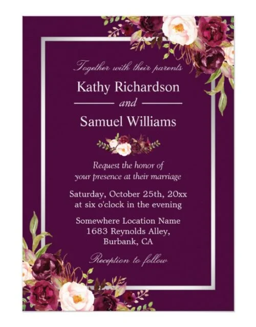 Plum Purple Floral Silver Gray Invitation Suite