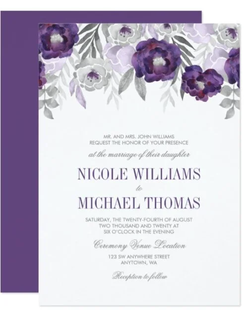 Purple Gray Watercolor Flowers Wedding Suite
