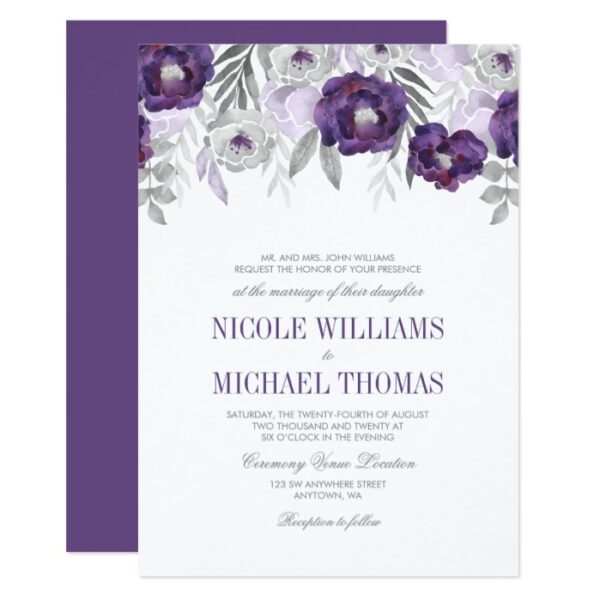 Purple Gray Watercolor Flowers Wedding Suite