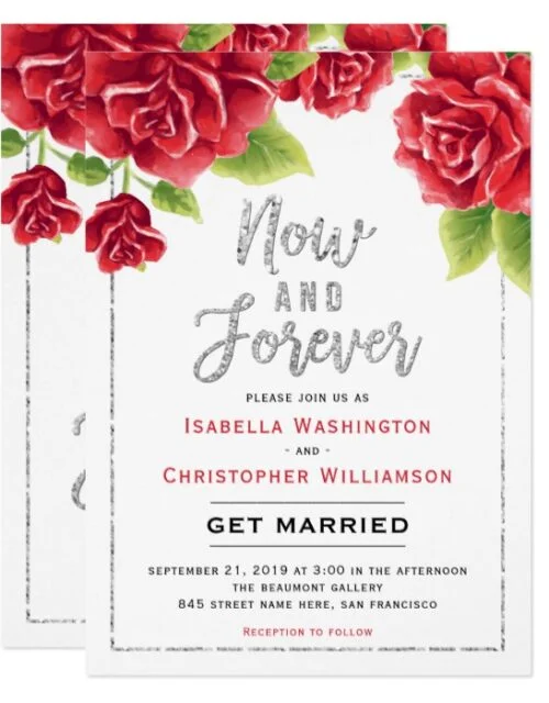 Watercolor Red Roses & Silver Glitter
