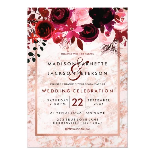 Burgundy Floral & Rose Gold Marble - Wedding