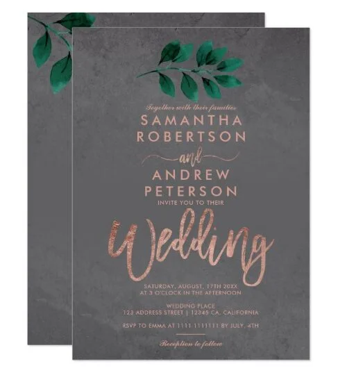Rose gold script green leaf cement wedding