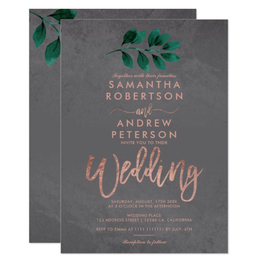 Rose gold script green leaf cement wedding