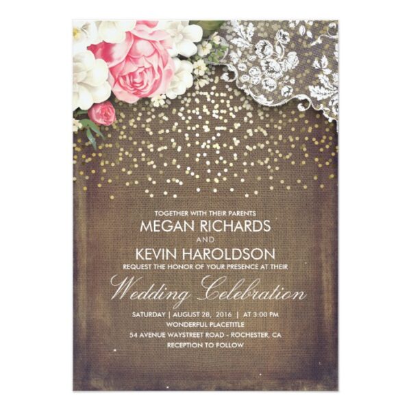 Rustic Burlap Floral Lace and Gold Confetti Dots