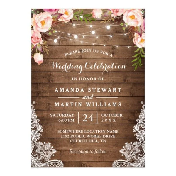Rustic Floral String Lights Lace Invitation Suite