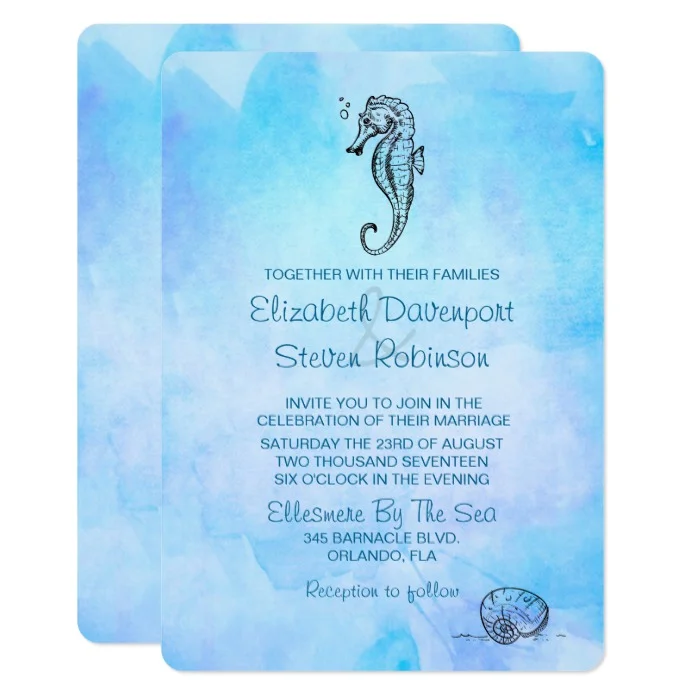 Seahorse and Seashell on Blue Watercolor