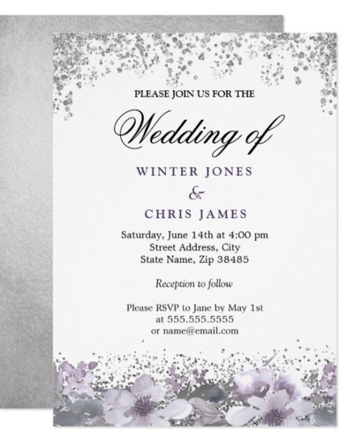 Silver Glitter Floral Purple Wedding Invitation