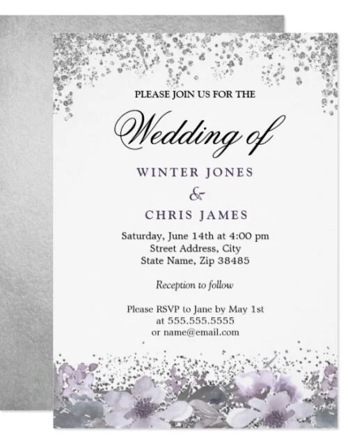Silver Glitter Floral Purple Wedding Invitation