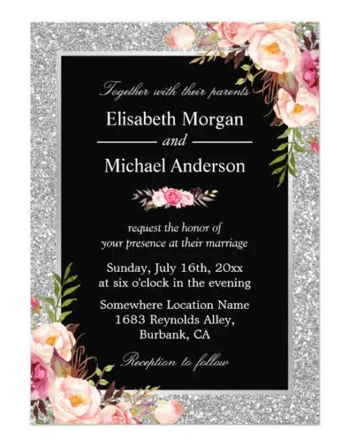 Invitation Suite: Silver Glitter Sparkles Floral