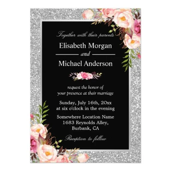 Invitation Suite: Silver Glitter Sparkles Floral