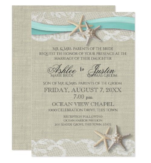 Rustic Beach Starfish and Lace with Aqua Ribbon