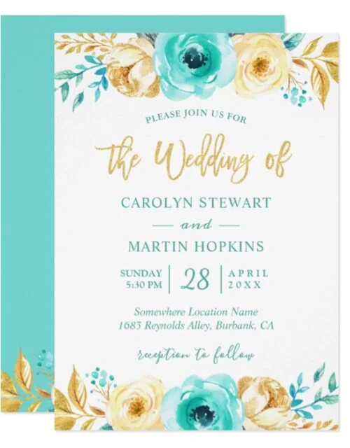 Turquoise Mint Gold Floral Invitation Suite