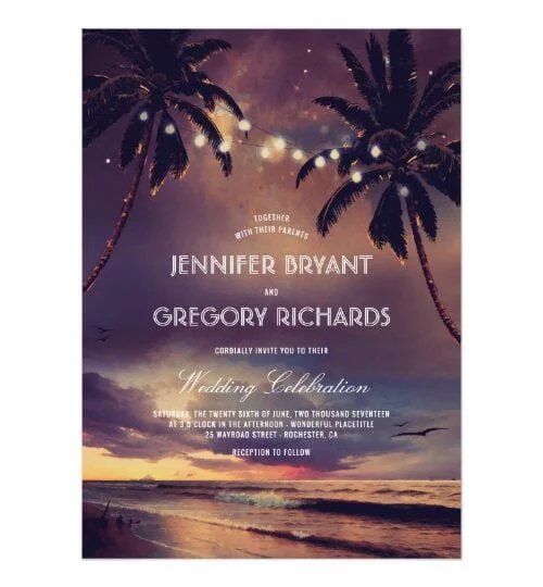 Beach Sunset and Palms with String Lights
