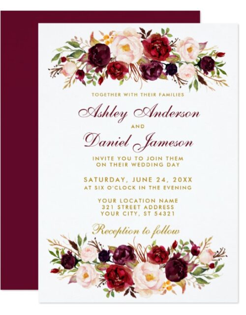 Wedding - Watercolor Burgundy Floral & Gold