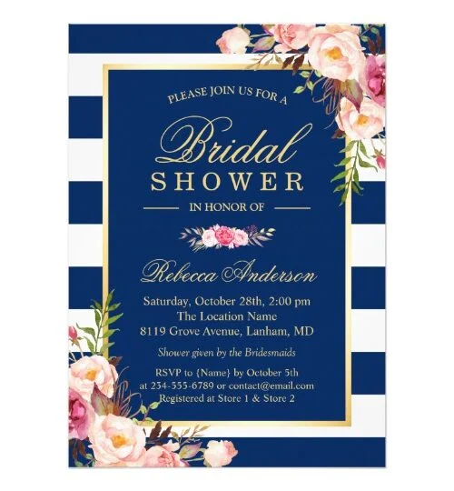 Invitation Suite: Floral Decor Navy Blue Stripes