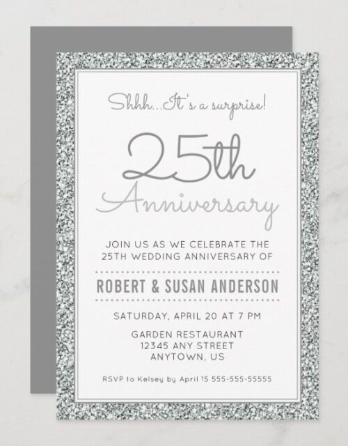 25th Anniversary Surprise | Faux Silver Glitter Invitation