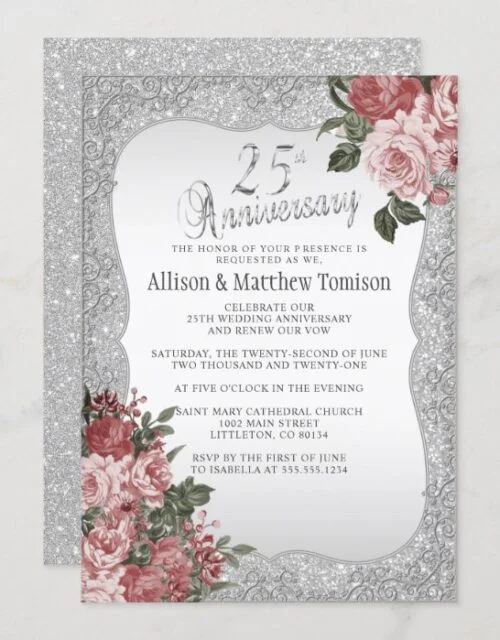 25th Silver Glitter Anniversary | Floral Bouquet Invitation