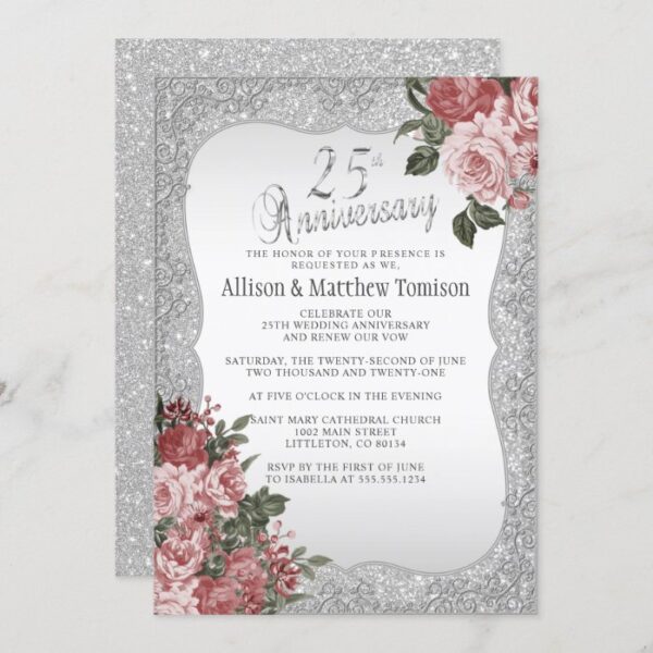 25th Silver Glitter Anniversary | Floral Bouquet Invitation